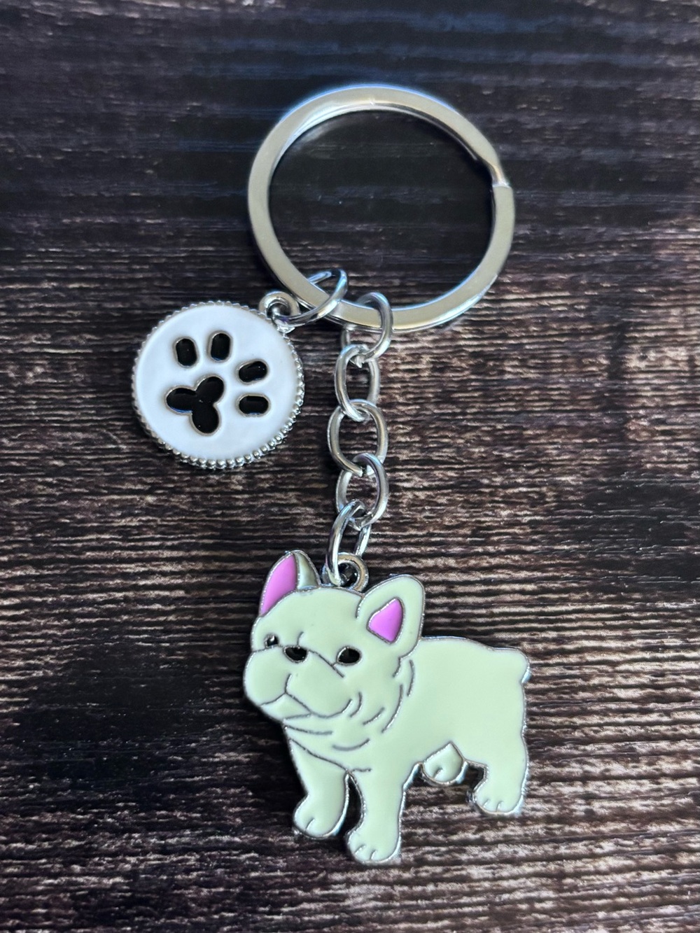 Cute French Bulldog Keychain - White with Pink Ears